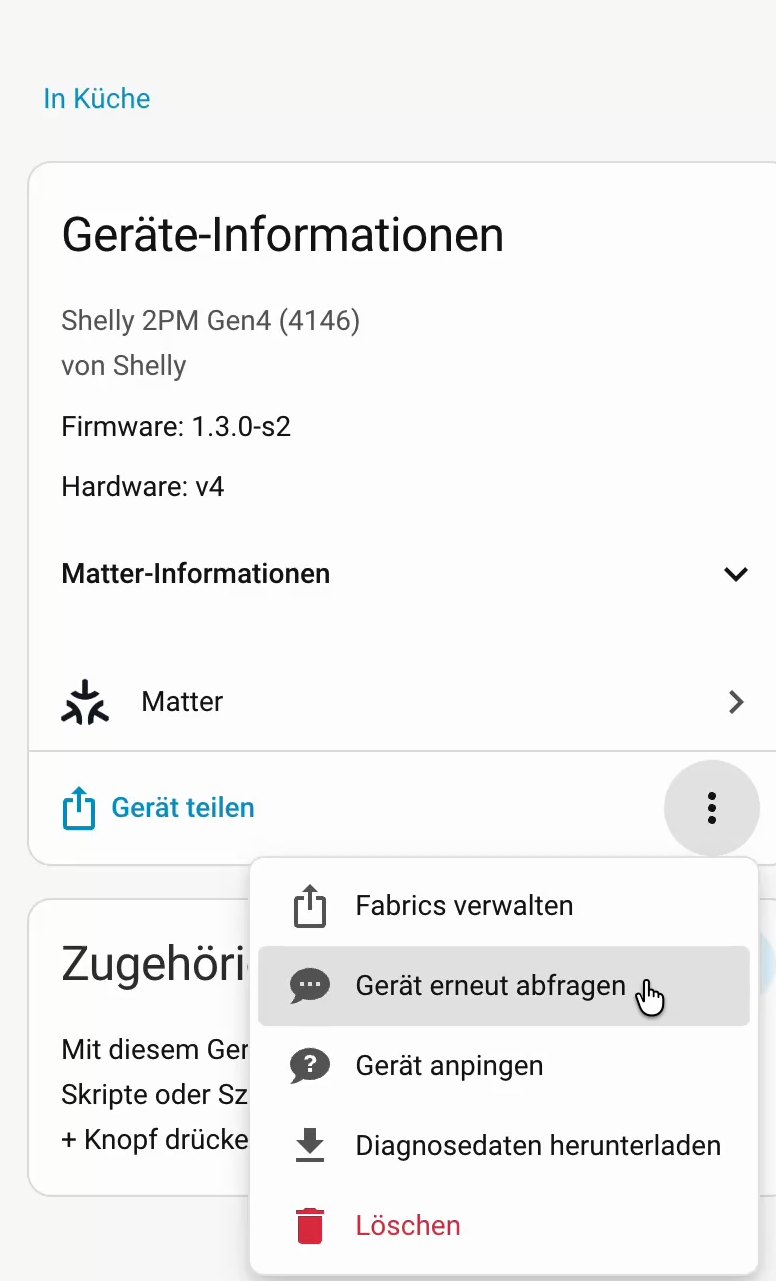 Three-dot menu on the Home Assistant device page with the entry “Re-interview device” (German UI: „Gerät erneut abfragen“)