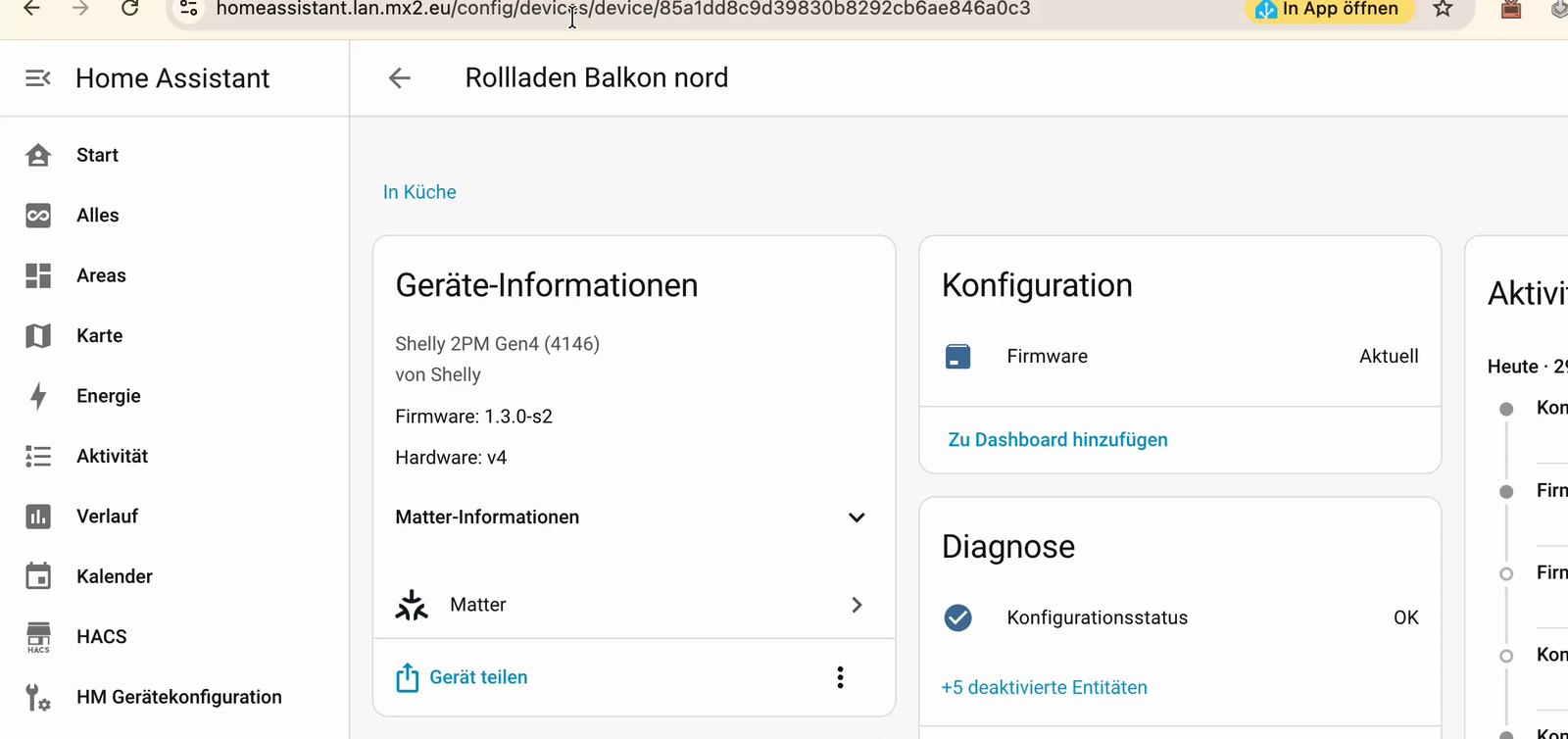 Home Assistant device page “Rollladen Balkon nord”: Shelly 2PM Gen4 via Matter with firmware 1.3.0, but no shutter controls