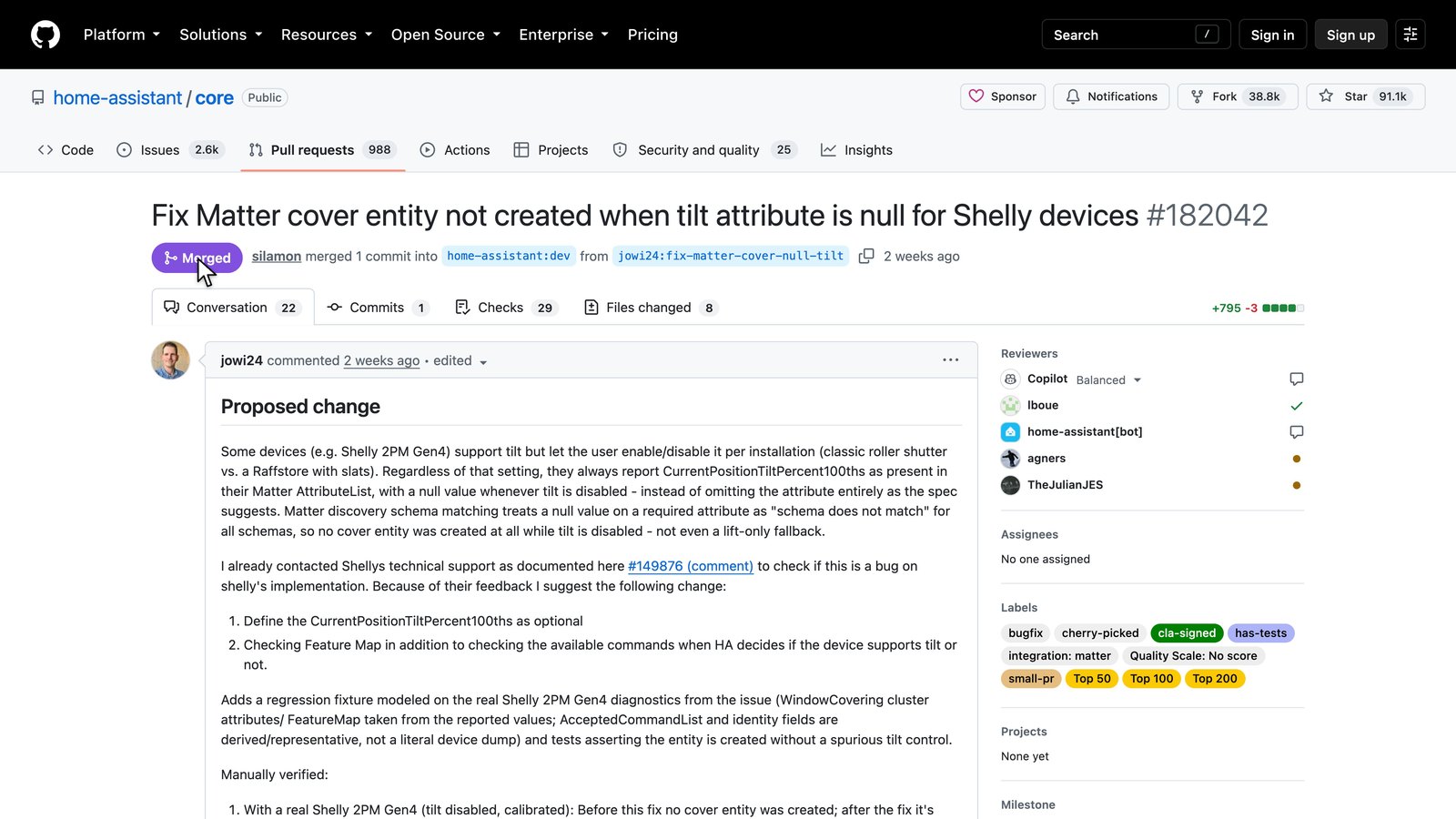 Pull request home-assistant/core#182042 on GitHub with the status “Merged”