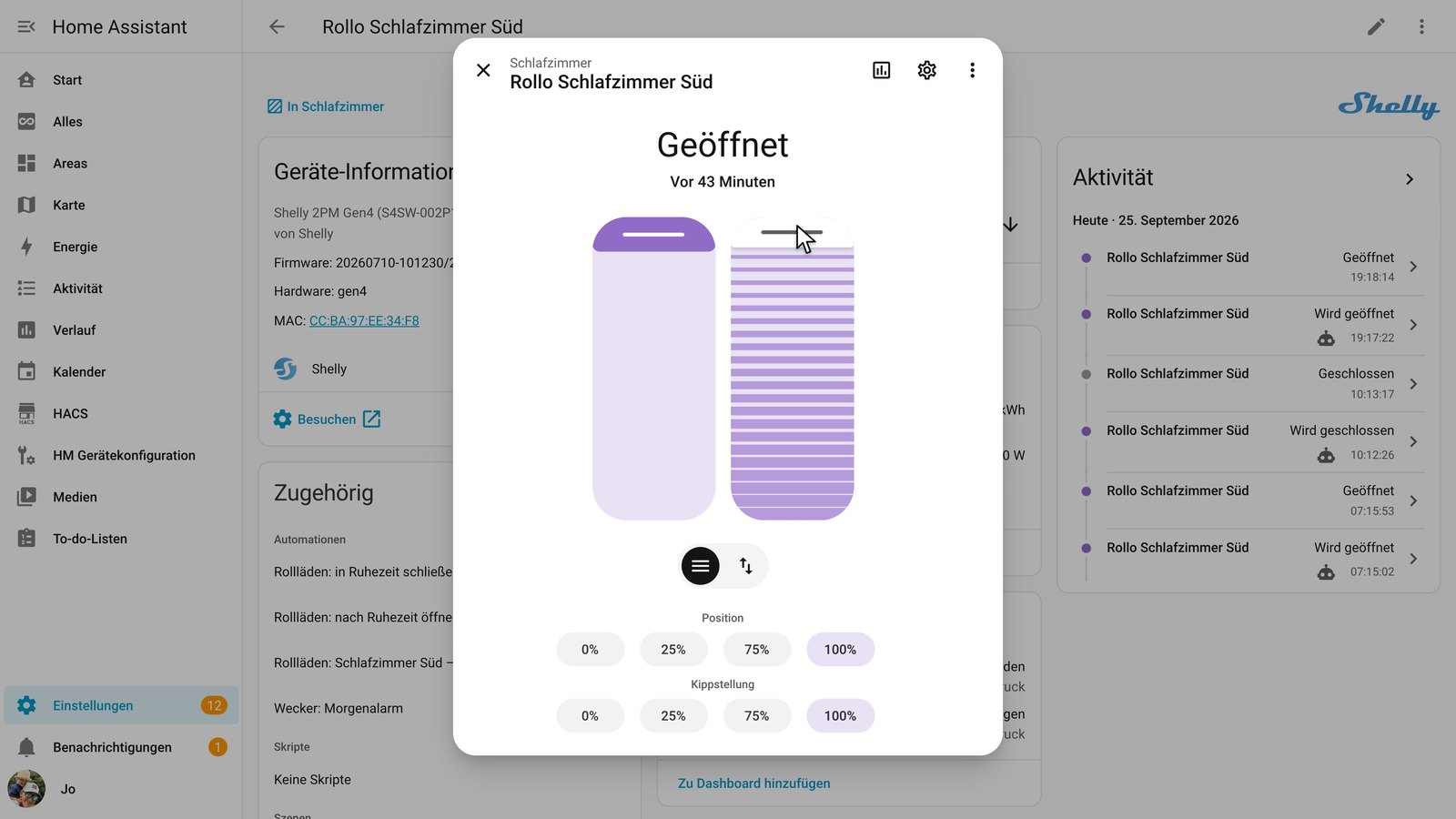 Home Assistant dialog for venetian blinds with two sliders: position on the left, tilt on the right