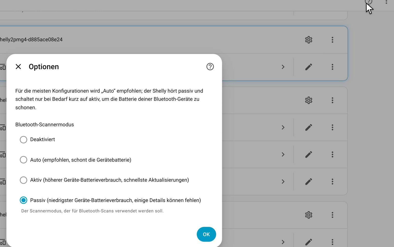 Home Assistant Shelly integration dialog with Bluetooth scanner mode set to Passive (German UI)