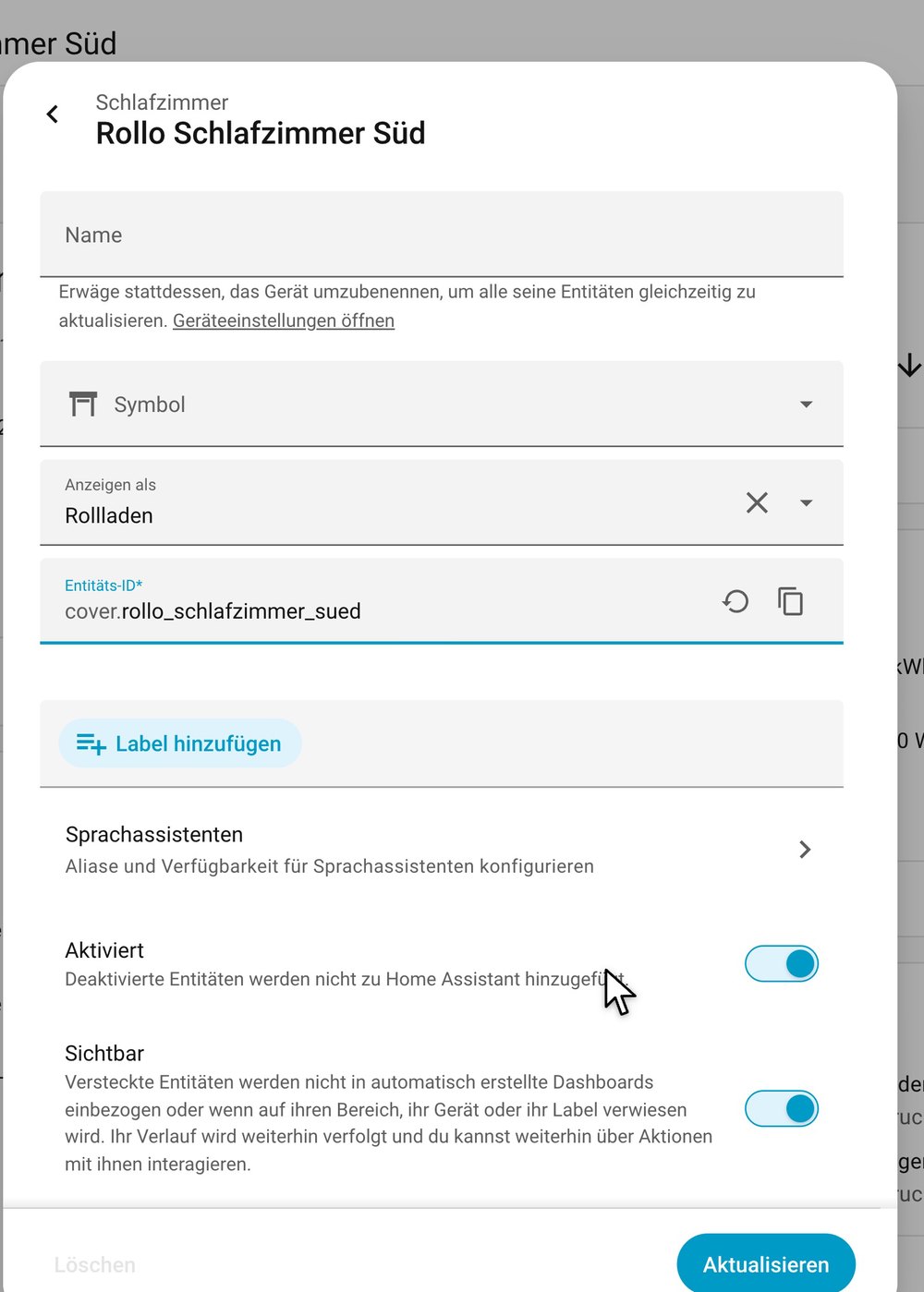 Home Assistant settings of a shutter entity with the entity ID changed to cover.rollo_schlafzimmer_sued (German UI)