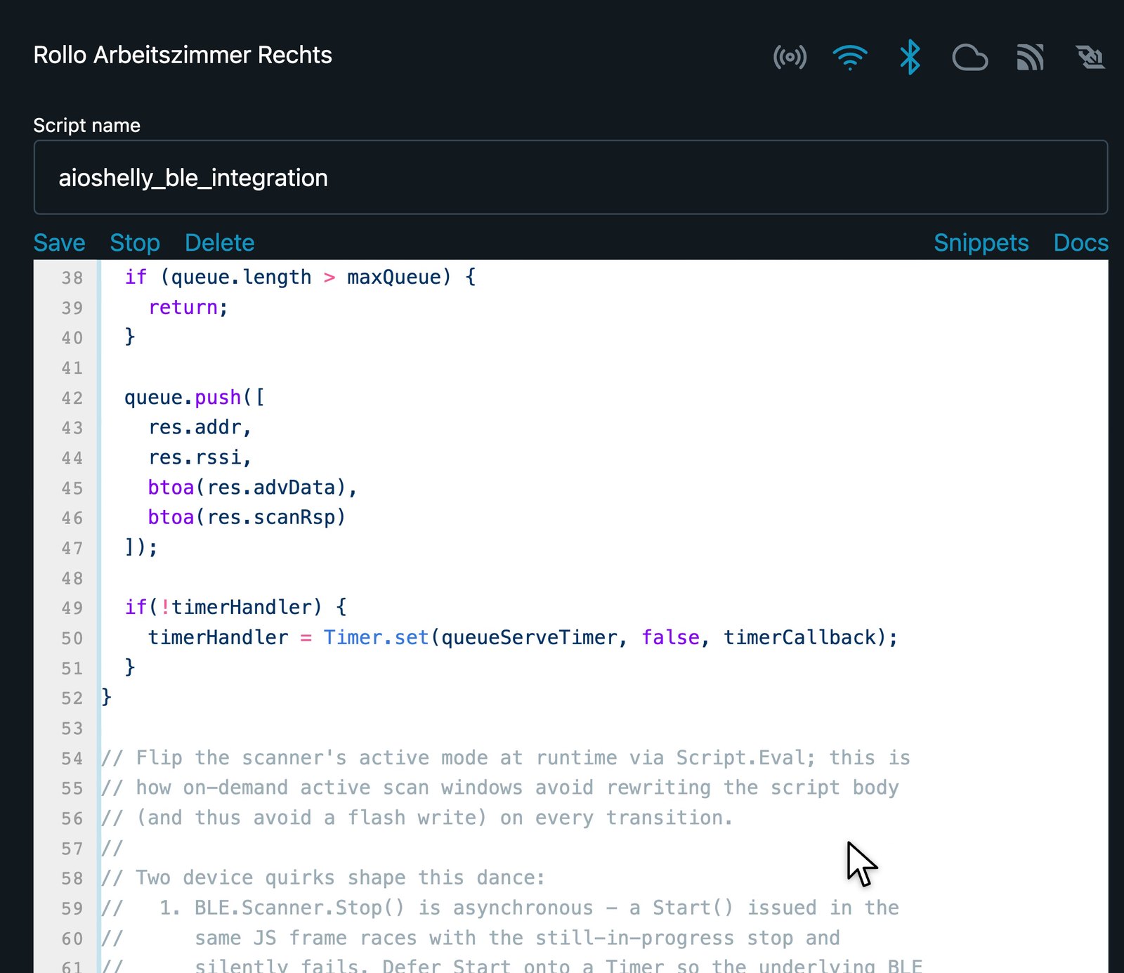 Weboberfläche eines Shelly Plus 2PM mit geöffnetem Skript im Code-Editor